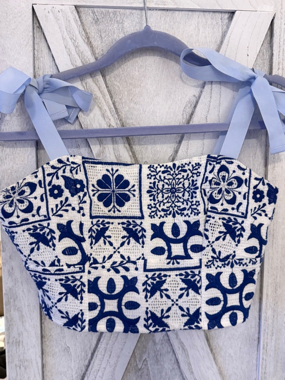 Anthropologie Maeve Blue and White Patterned Cropped Tie-Strap Top